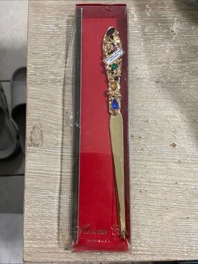 Vintage Ornate Gold-Tone Jeweled Letter Opener with Blue & Green Accents